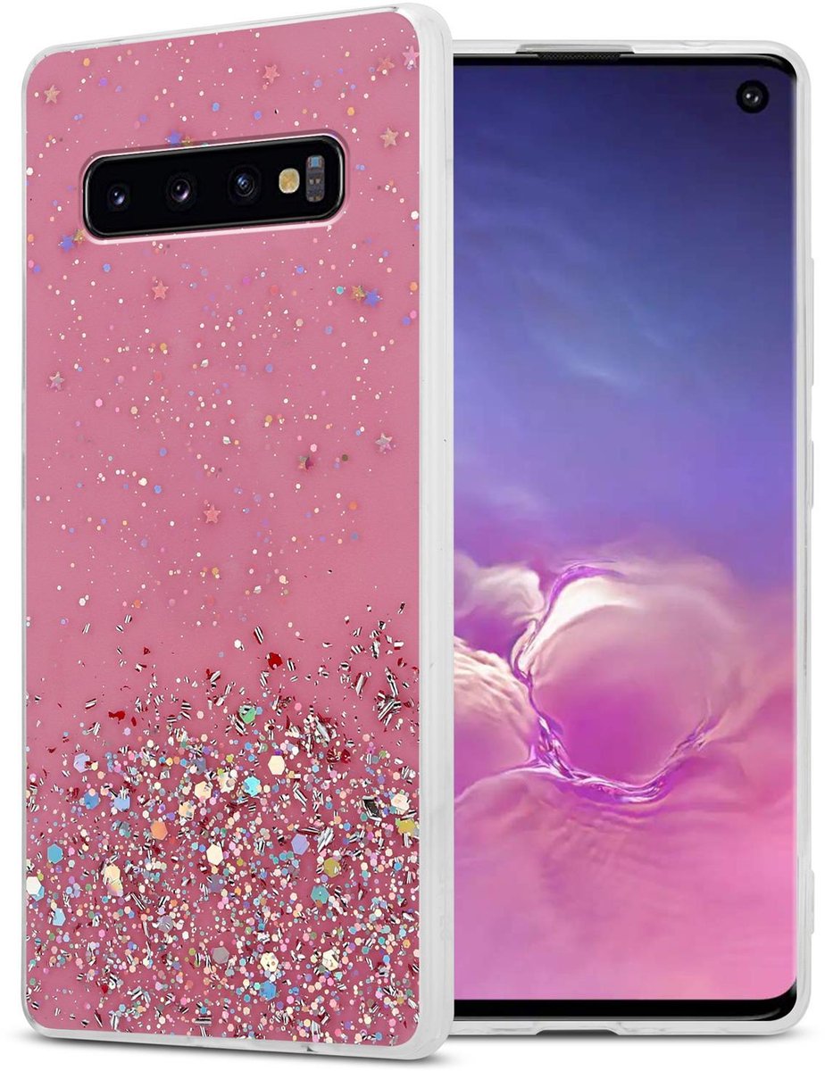 Cadorabo Hoesje geschikt voor Samsung Galaxy S10 4G in Roze met Glitter - Beschermhoes van flexibel TPU silicone met fonkelende glitters Case Cover Etui