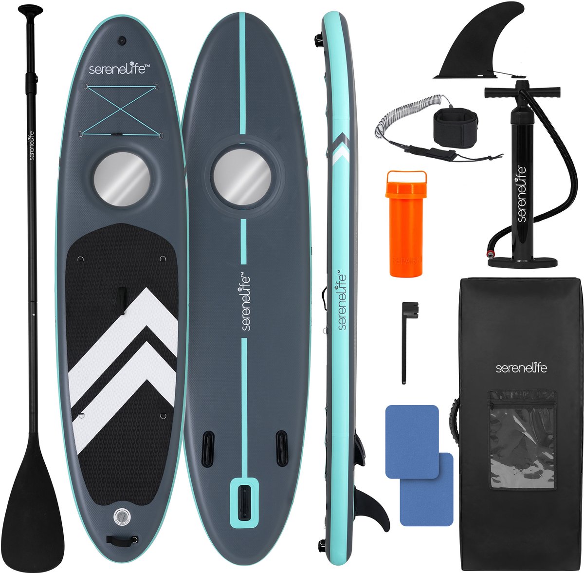 SereneLife Paddle Gonflable Adulte XL – Planche de Stand Up Paddle Stable Grande Largeur avec Tapis EVA Antidérapant, Pompe, Pagaie et Sac de Transport Inclus