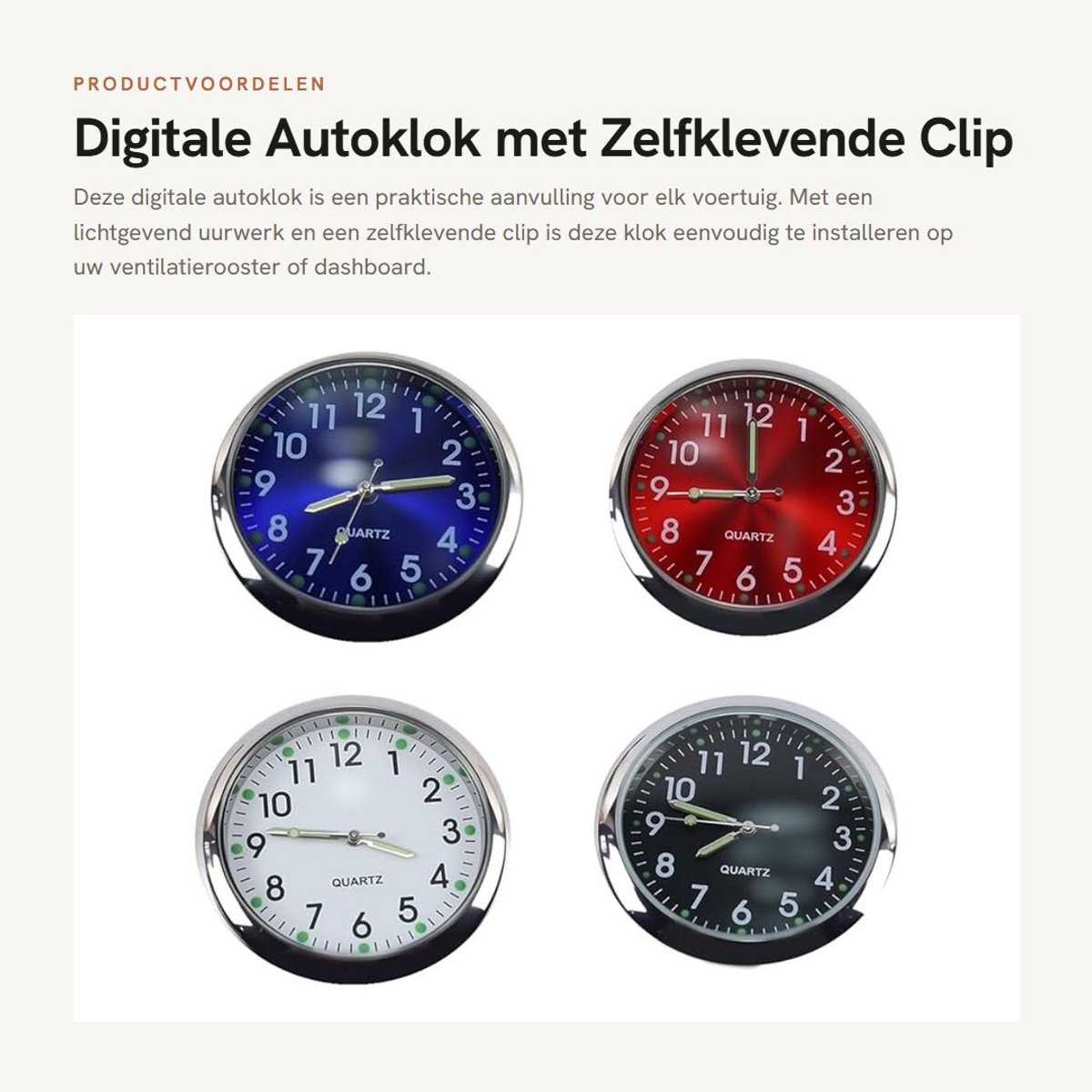 Dailygoods- Dashboardklok Eenvoudig te Installeren - Auto Horloge - Digitale Klok - Quartz Uurwerk - 4 Stuks - Antislip Bevestiging - Autohorloge