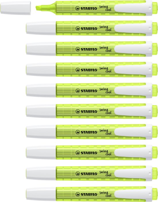 Doos met 10 gele Stabilo swing cool markeerstiften, elk met witte dop en clip.