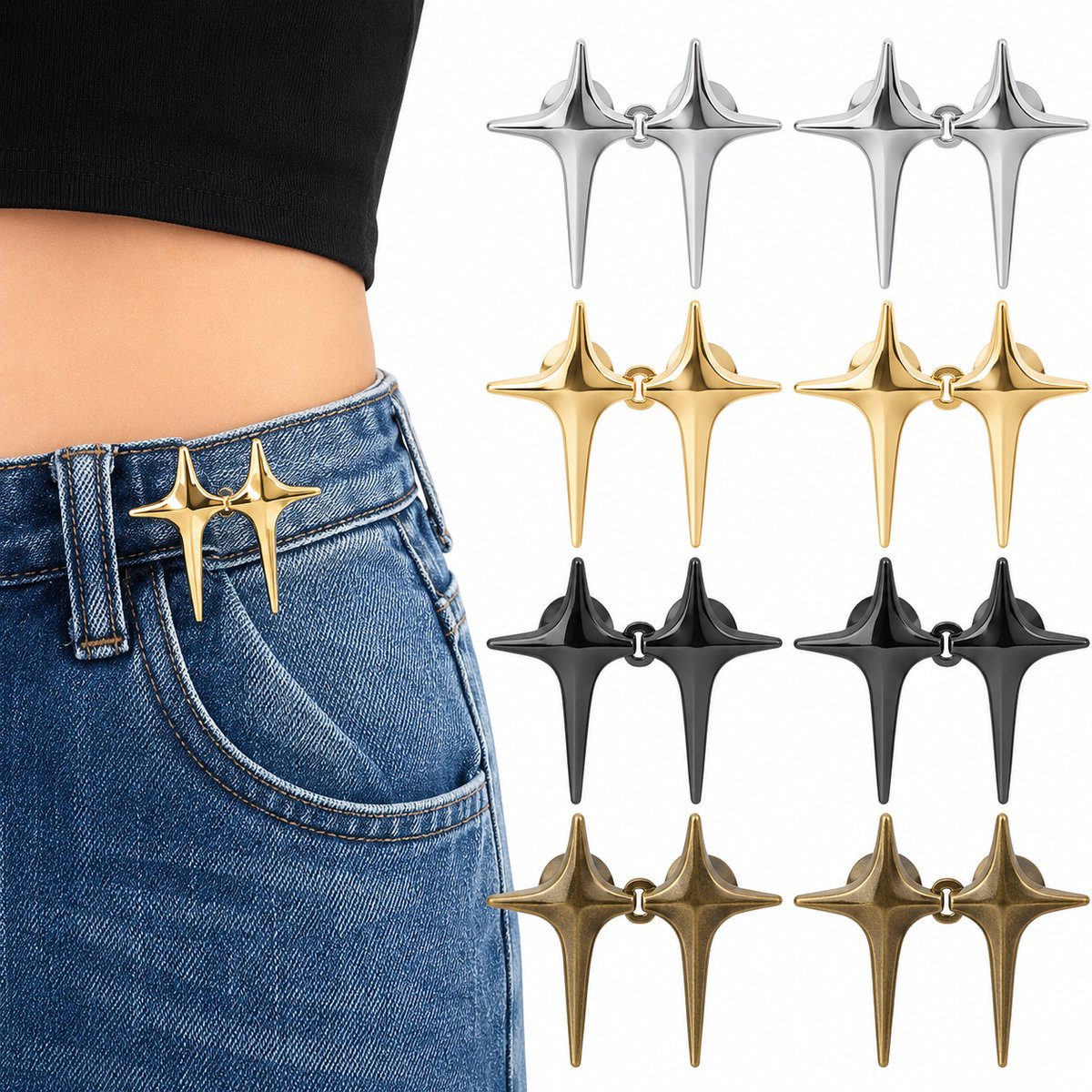 Knaak Taille Verstellers - 8 Stuks - Zwart, Goud, Zilver en Brons - Broek Taille Verkleiner - Tailleband Versteller - Zonder Naaien