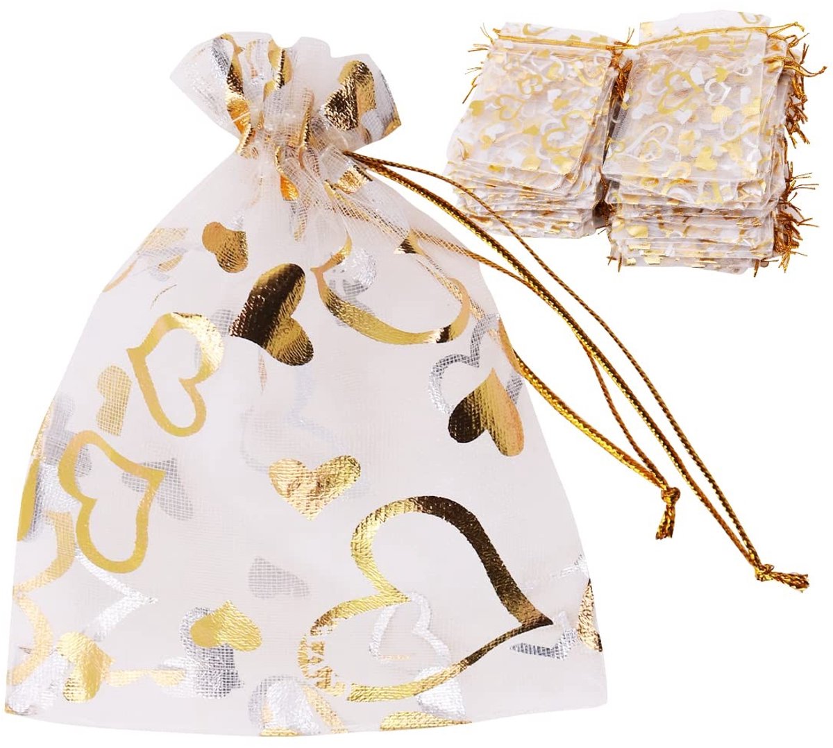 Dailygoods- Organza Zakjes 100 Stuks - Hartjesmotief - 9 x 12 cm - Trekkoord - Duurzaam - Geschenken Verpakken - Geschenktas