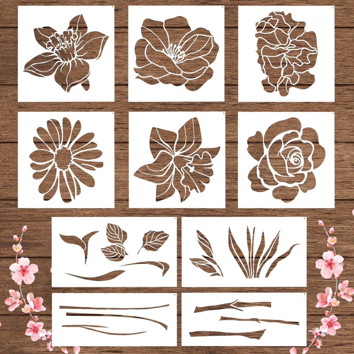 Dailygoods- Bloemsjablonen 10 Stuks - Grote Bloemenstencils - Herbruikbaar Stencil - Bladstencils - Schilderen op Hout/Muren - Materiaal: PET, Afmetingen: 30x30cm, 35x20cm, 35x15cm - Schilderstencils