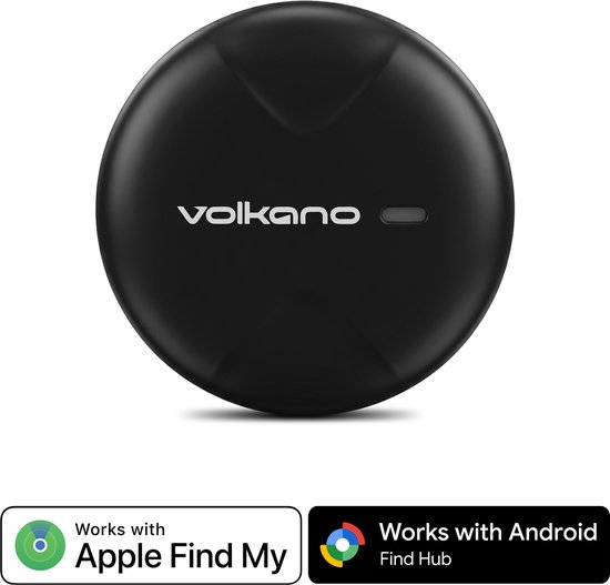 Zwarte ronde Volkano tracker met "Works with Apple Find My" en "Works with Android Find Hub" logo's.