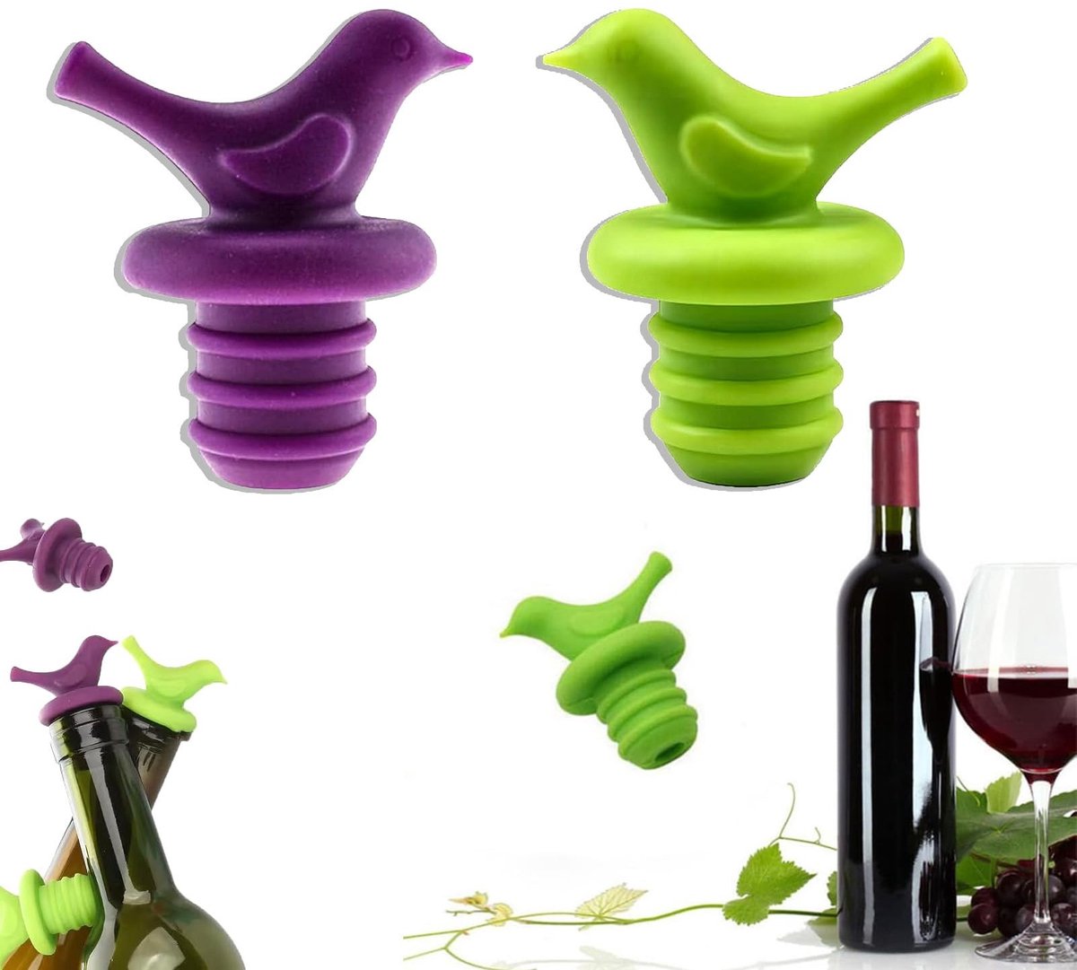 Dailygoods- Wijnflessendoppen 2 stuks - Siliconen Vogelcapsules - Luchtdichte Sluiting - Voor Wijn/Champagne/Bier - Kleurrijk Ontwerp - Praktisch en Draagbaar - Flesdoppen