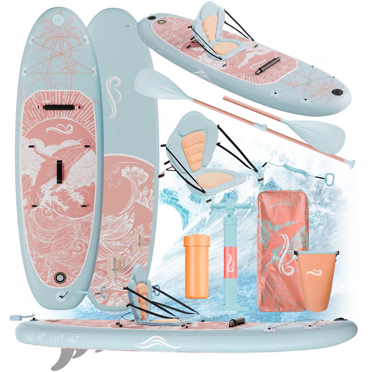Devoko SUP board XL - allround - opblaasbaar paddle board - limited collection - stand up paddle board - compleet SUP pakket paddleboardpakket - 130 kg - 79x 320cm - blauw roze