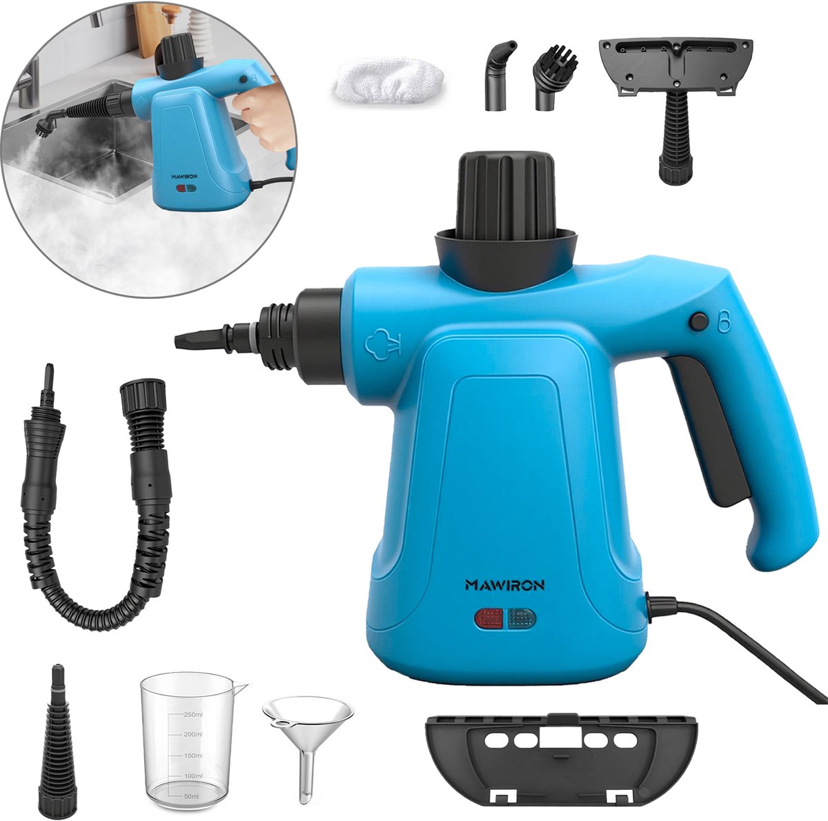 Handstoomreiniger 1050W met 9 accessoires – draagbare hogedruk stoomreiniger zonder chemicaliën, geschikt voor huis, keuken, badkamer, tegels, voegen, bekleding en auto's