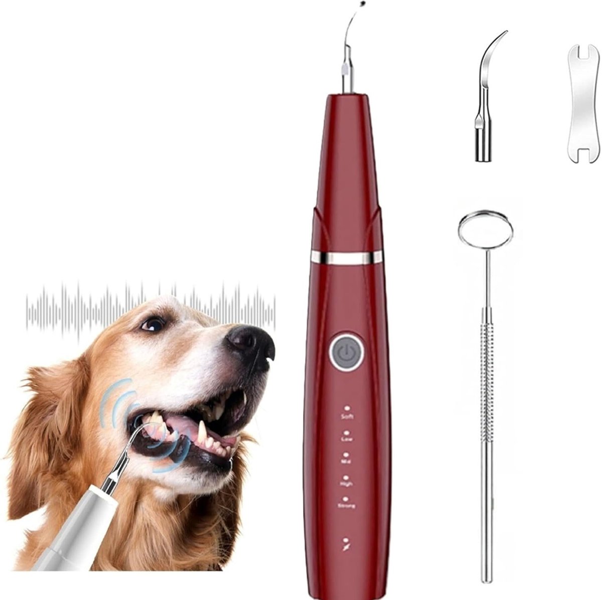 Elektrische gebitsreinigingsset voor huisdieren - Ultrasone gebitsreiniger - Tandsteenverwijderaar - Tandenreiniger voor huisdieren - Plaqueverwijderaar voor honden en katten - Rood