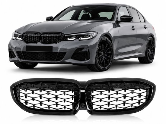 Grijze BMW 3 Serie G20 met glanzend zwarte 'diamond look' voorgrille.
