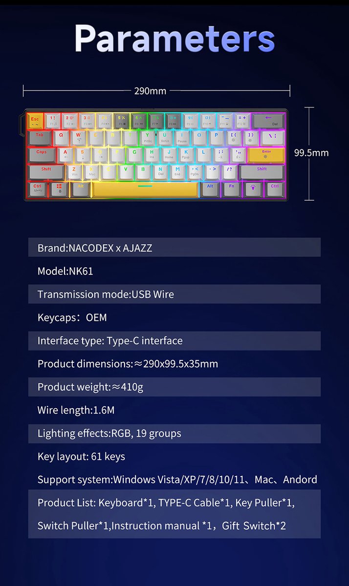 AJAZZ NK61 RGB Mechanisch Toetsenbord - 60% Gaming Keyboard - Zwart thumbnail 3