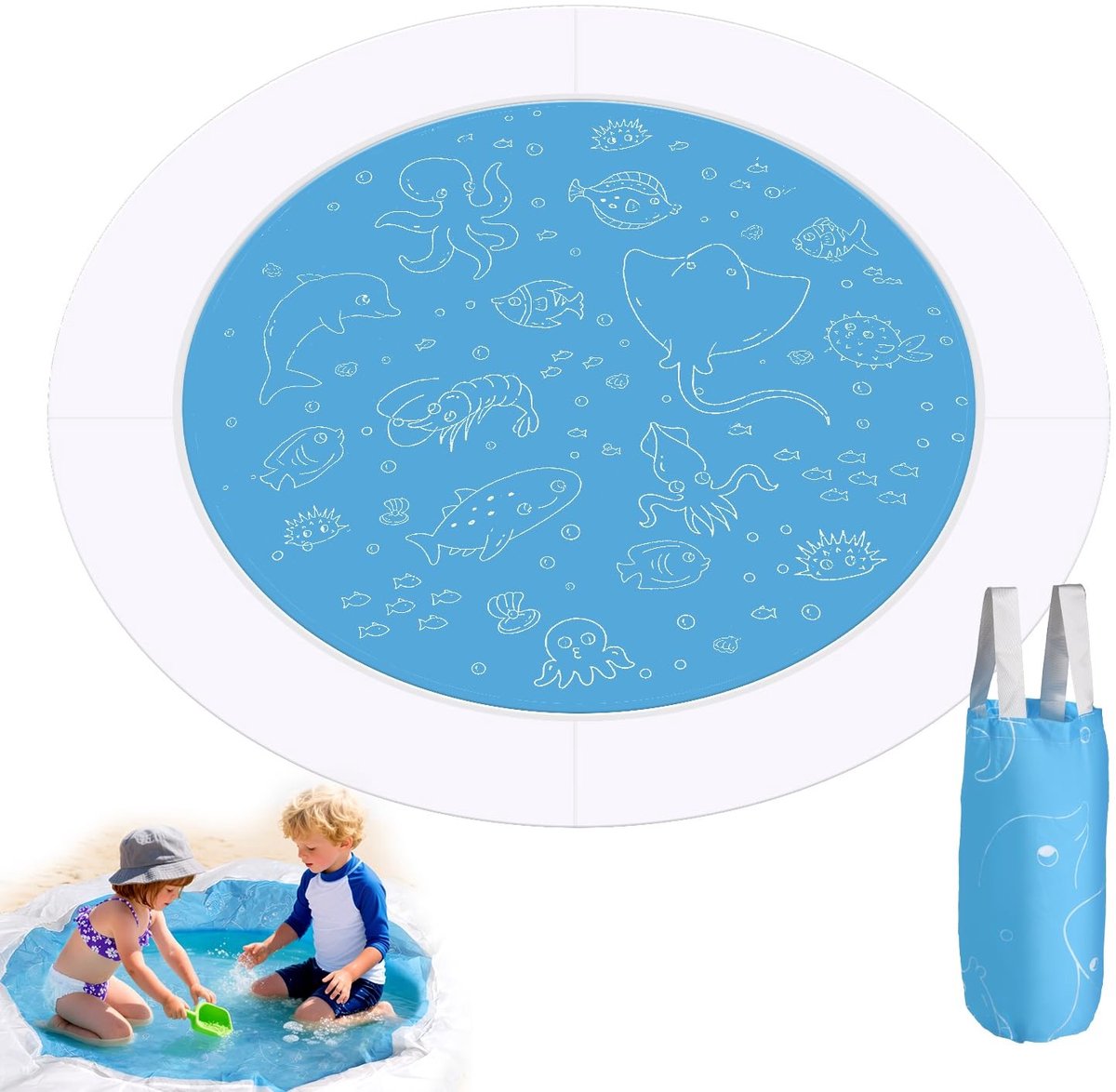 Dailygoods- Babystrandzwembad Waterdicht - Peuterbadje 190x190cm - Draagbaar Kinderzwembad - Wateremmer - Speelgoed voor Jongens/Meisjes - Geruit Polyester - Peuterbad