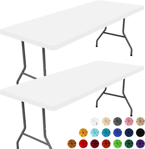 Set van 2 rechthoekige stretch-tafelkleden (180 cm) – Nauwsluitende tafelhoes voor picknicks, kamperen, banketten en feestjes – Wasbare, rekbare tafelhoes voor buitengebruik (Wit, 76 x 183 cm)