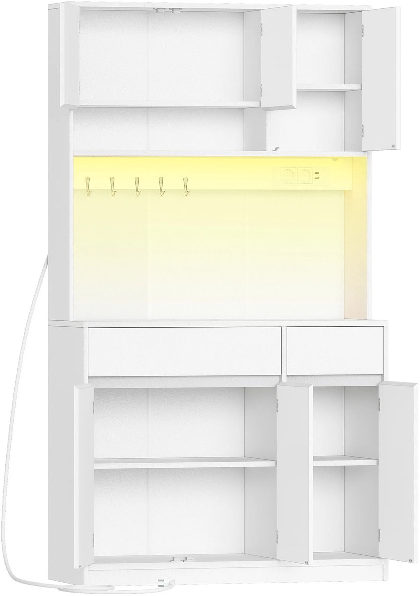 NordHaus Keukenkast met Stopcontacten en LED-Verlichting - Buffetkast met Opbergruimte, Verstelbare Planken en 2 Laden - 100 x 40 x 180 cm - Wit