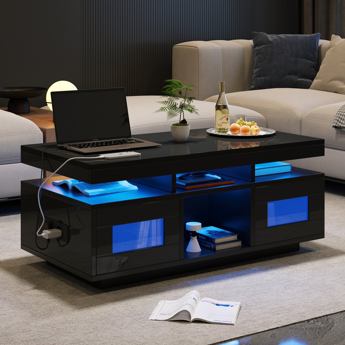 DESMIU Salontafel Met Hoogglans Afwerking LED Verlichting En Oplaadpunt Voor Woonkamer Werkkamer Zwart Spaanplaat 100x50x43 Cm