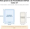 Afmetingen van de PocketBook InkPad Color 3 (18,9x13,4 cm) vergeleken met een smartphone (ca. 15x7 cm).