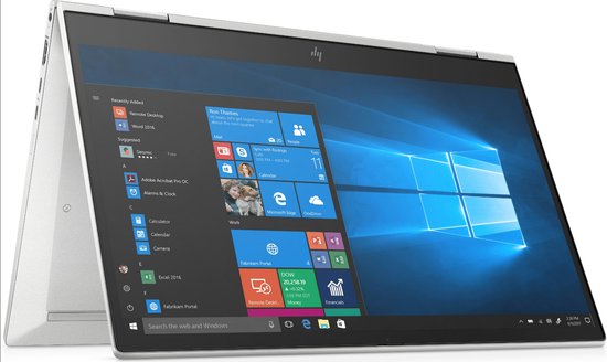 Zilverkleurige HP EliteBook 830 G7 X360 laptop, in tabletmodus. Het scherm toont Windows 11 met diverse tegels.