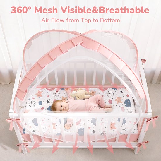 Babybed Klamboe met Popup-Functie - Automatisch Slot Rits, Grote Opening, Draagbaar Muskietennet voor Ledikant - Veilig & Ademend — afbeelding 3