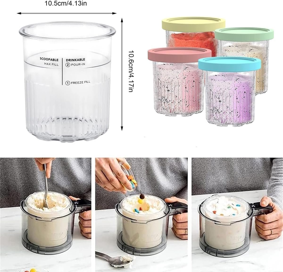 4 Pcs Bacs À Crème Glacée pour Ninja Creami, Pot à Glace avec Couvercles en Silicone et Cu