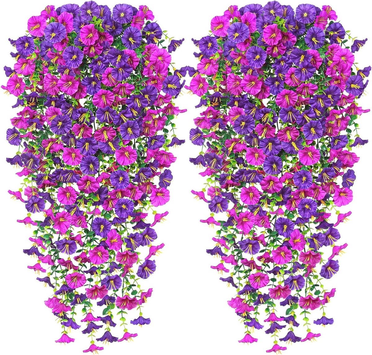 Set van 2 Kunstmatige Hangplanten Petunia - Weerbestendige Bloemen voor Wanddecoratie, Tuin, Bruiloft en Balkon (Paars)