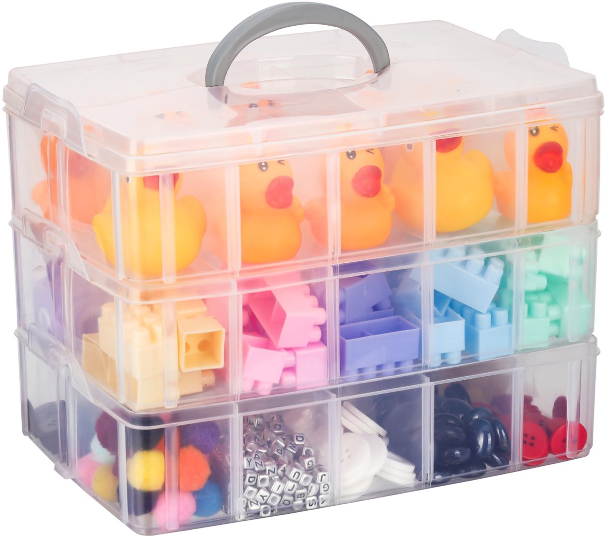 Dailygoods- Opslagdoos 3 Laags Stapelbaar - 30 Compartimenten - Aanpasbare Verdelers - Perfect voor Speelgoed/Sieraden - Afmetingen: L24.5 x W16.5 x H18.5 cm - Opslagcontainer