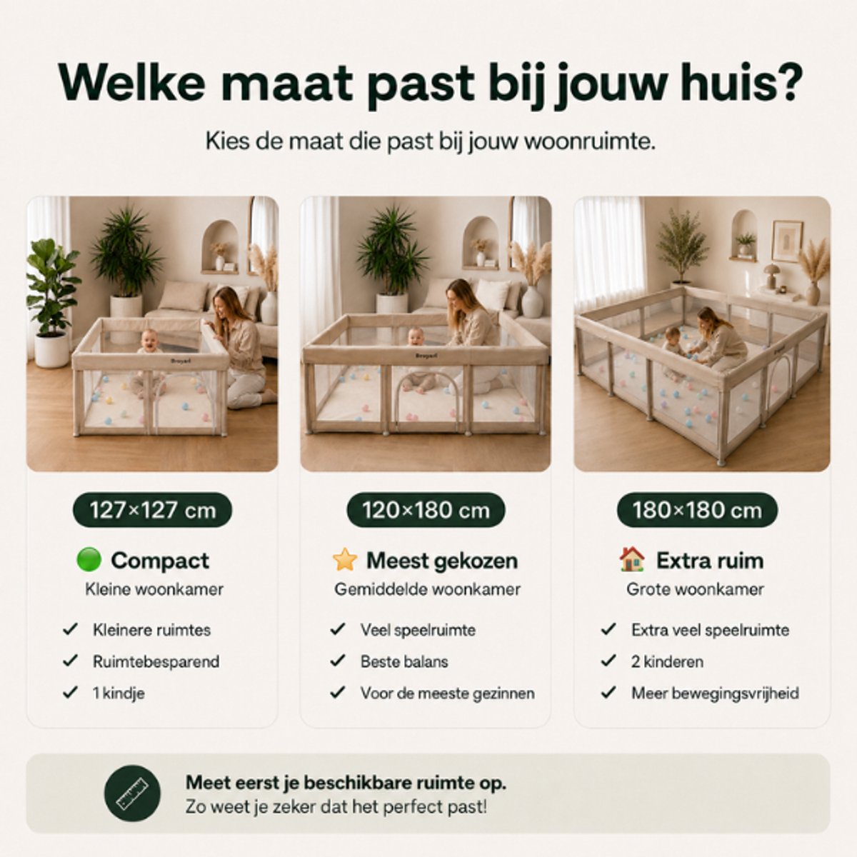 Broyari® Grondbox Baby 120x180 cm – Binnen 2 Seconden Inklapbaar – Inclusief Speelmat & 50 Speelballen – Opvouwbare Baby Speelbox – Kinderbox – Playpen – Beige thumbnail 6