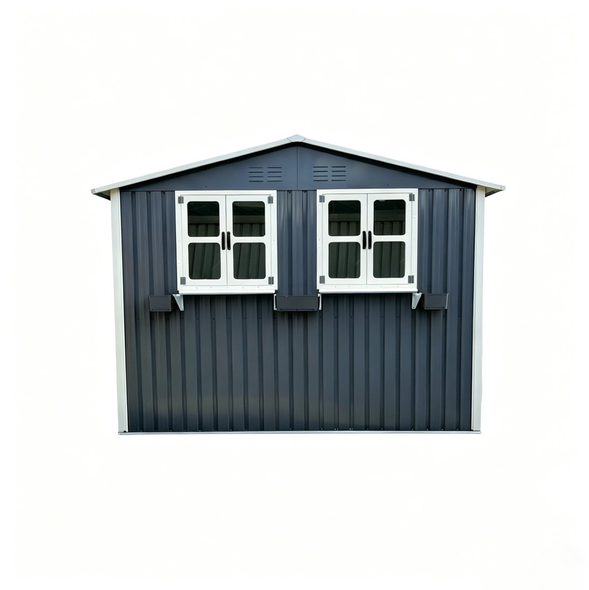 Gegalvaniseerd stalen tuinhuis 170,2x254,2 cm (4,33 m²), antracietgrijs, met twee te openen dubbele ramen, afsluitbare dubbele deuren en decoratief bloemenrek