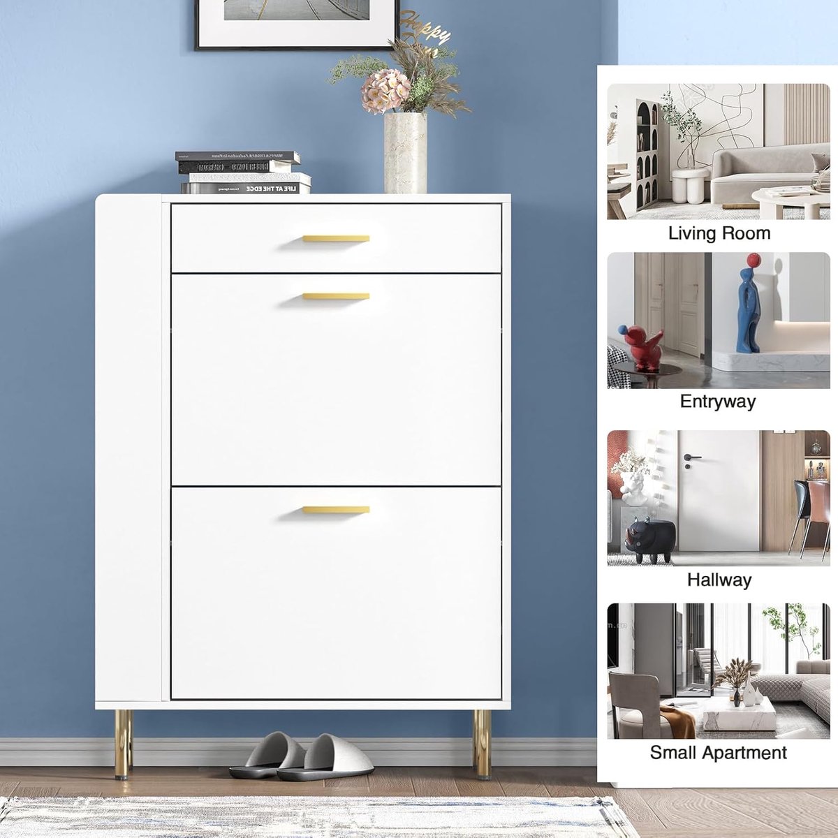 Schoenenkast smal wit met 2 klapdeuren, 1 lade en open vak – 75x24x105 cm – Schoenenrek voor 12-16 paar – Verstelbare planken – Hal kast / entree kast – Ruimtebesparend MDF hout – Anti-kantel design – House&Garden