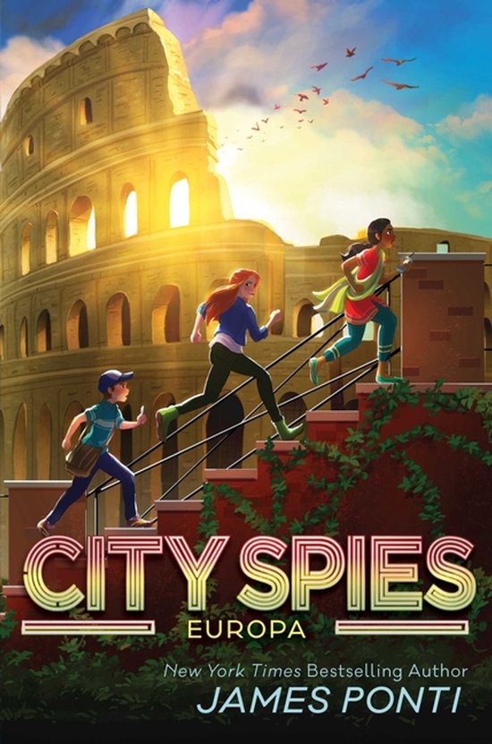 Boekcover 'City Spies Europa' met drie kinderen die op de trap van het Colosseum rennen.