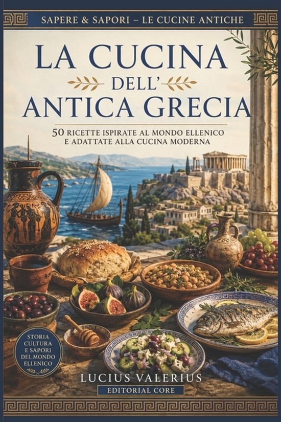 Couverture du livre "La Cucina dell'Antica Grecia" avec un paysage grec ancien, de la nourriture et des vases antiques.