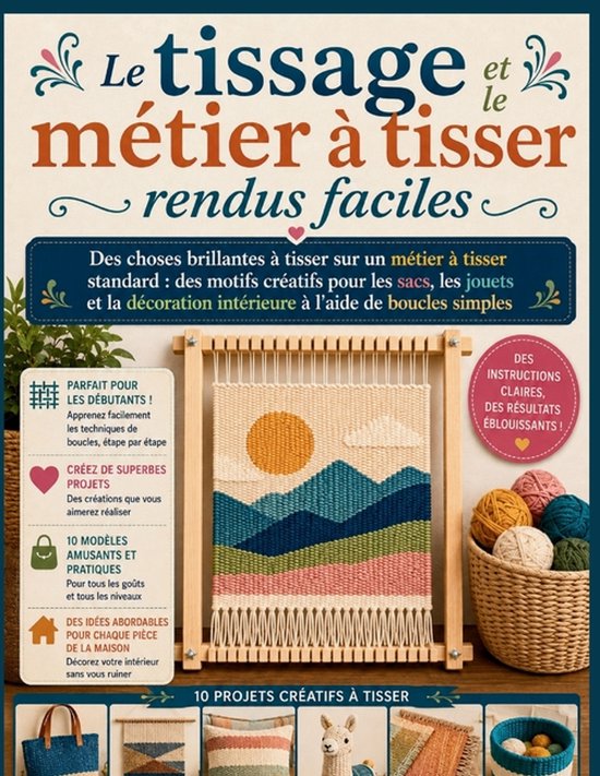 Boek 'Le tissage et le métier à tisser rendus faciles' met een voorbeeld van weefwerk met een zon en bergen op een weefgetouw. Rechts een mand met gekleurde wol.