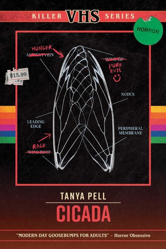 Boekomslag: Killer VHS Series - Cicada, met een schematische tekening van een cicadevleugel met labels zoals 'WING TIP' en 'PURE EVIL'. Prijs: $15.99.