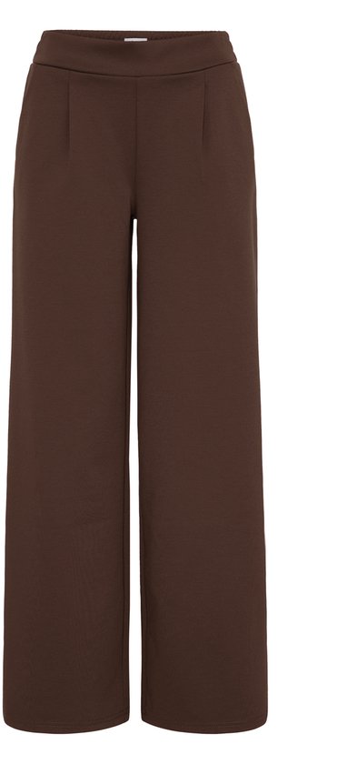 Bruine wijde broek met plooien aan de voorkant en elastische tailleband.