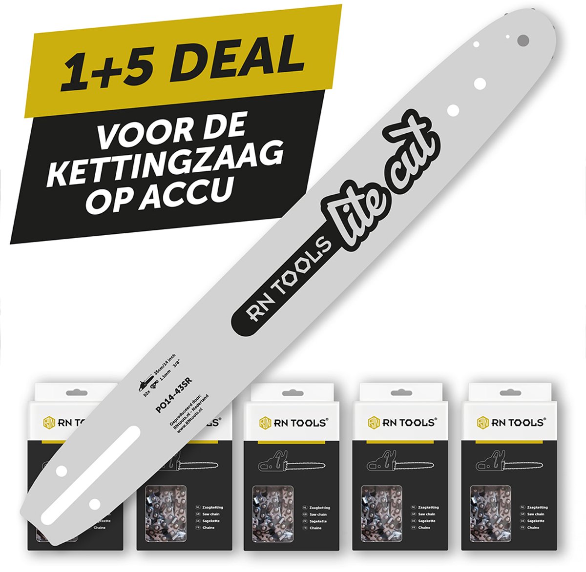 RNtools Kettingzaagblad 35 cm 3/8 1.1 mm (0.043") LiteCut voor Accu Kettingzaag van DeWalt, Milwaukee, Makita, EGO + 5x RNtools Zaagketting 3/8 1.1 mm (0.043") 52 schakels