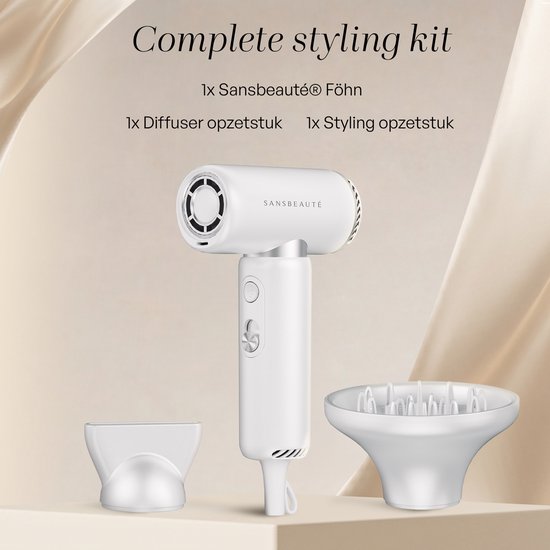 Sansbeauté® Föhn met Diffuser - EssentiaPRO Mini - Reisföhn met Opzetstukken - Reishaardroger - 110.000RPM - Sèche Cheveux - Ionische Haardroger met Borstel - Haarföhn met Defuser - Blow Dryer - Kappersfohn - 1300W - 220-240V