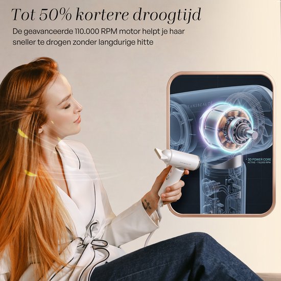 Sansbeauté® Föhn met Diffuser - EssentiaPRO Mini - Reisföhn met Opzetstukken - Reishaardroger - 110.000RPM - Sèche Cheveux - Ionische Haardroger met Borstel - Haarföhn met Defuser - Blow Dryer - Kappersfohn - 1300W - 220-240V