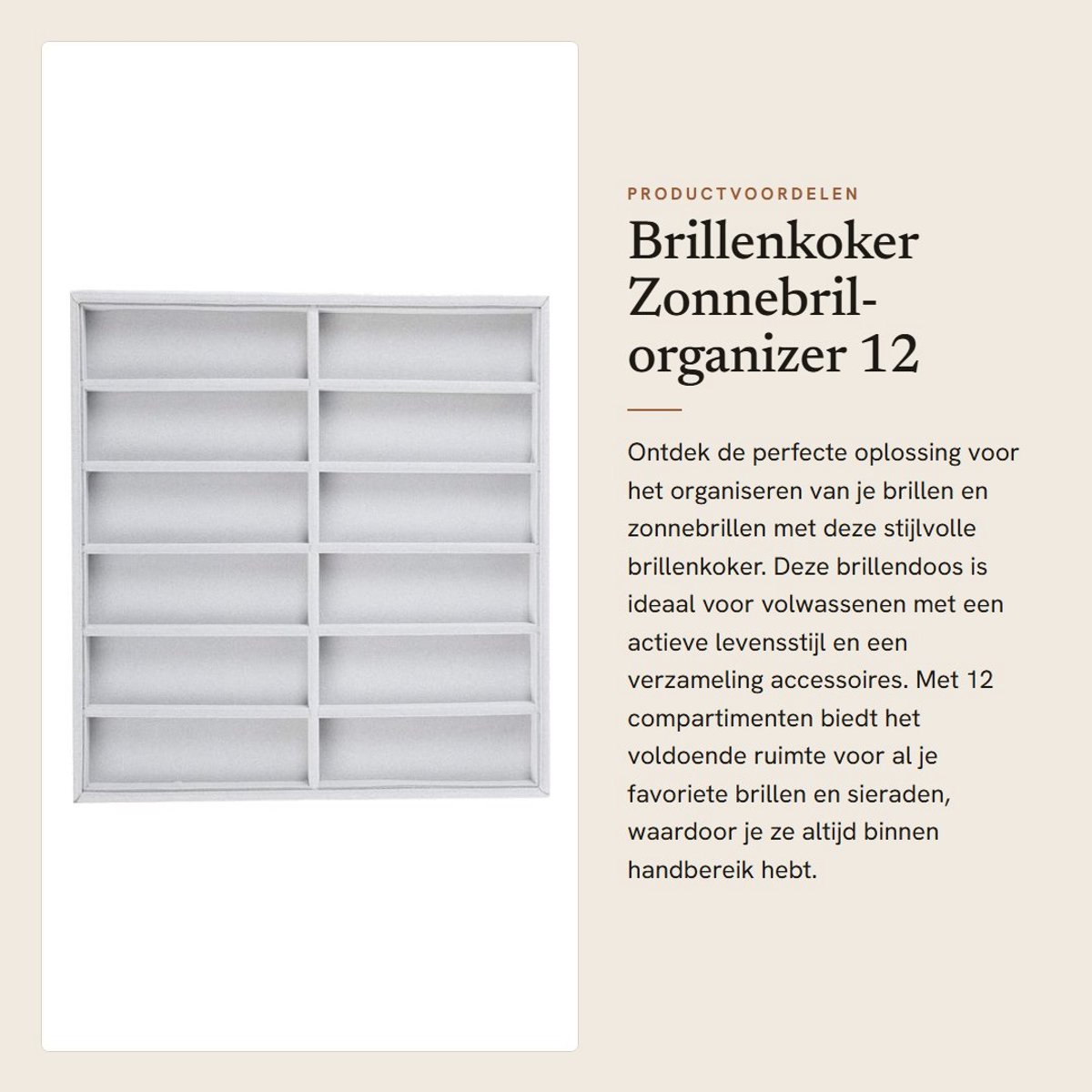 Dailygoods- Brillenkoker met 12 Roosters - Brillendoos - Zonnebril-organizer - Sieradendoosje - Duurzaam Pluis/Hout - Afmetingen 38 x 36 x 3,7 cm - Zonnebrilhouder