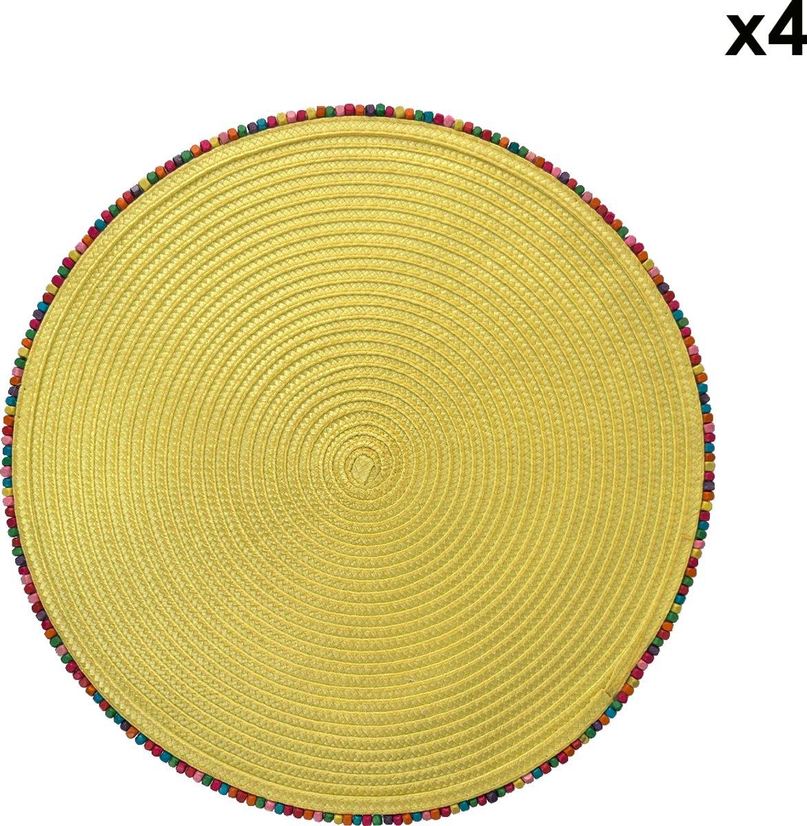 Arca BORDATO Set van 4 Gele Placemats Rond 38cm, met speelse houten kralen afboording - polyester - onderhoudsvriendelijk