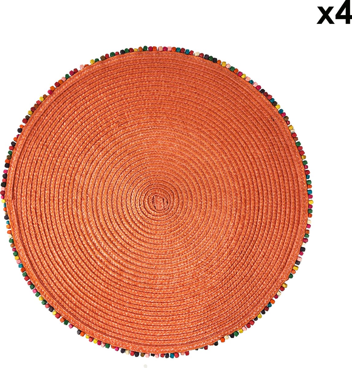 Arca BORDATO Set van 4 Oranje Placemats Rond 38cm, met speelse houten kralen afboording - polyester - onderhoudsvriendelijk