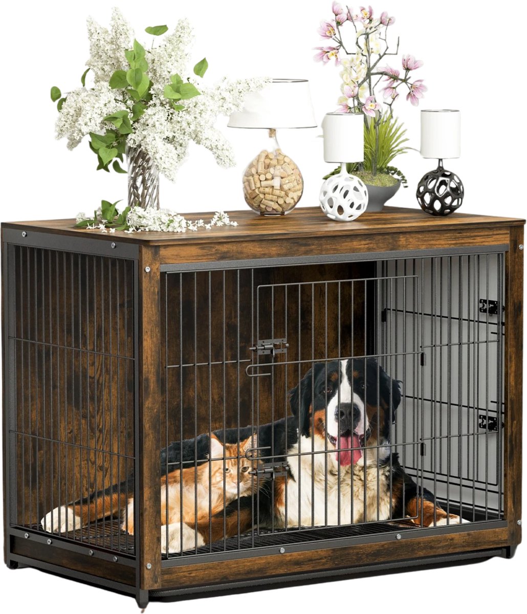 Stervia Hondenbench Meubel Extra Groot - Hondenkennel - Grote Honden - Draagvermogen 80 KG - Zwart/Bruin - 97,5 x 59 x 75,5 cm