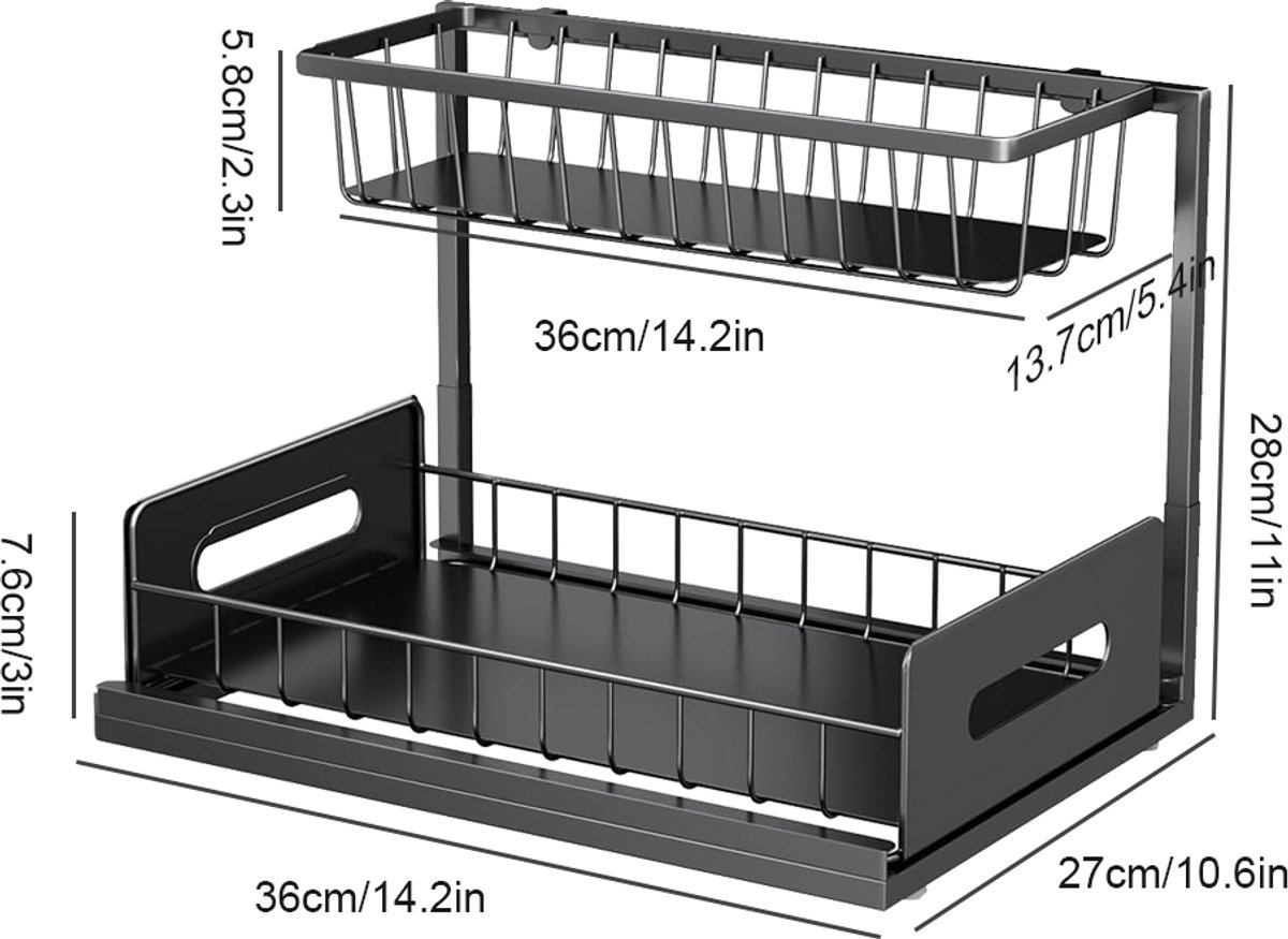 Jensaro Uitschuifbaar Opbergrek 2 Laags - Onder Gootsteen Organiser voor Keukenkast of Badkamerkast - Kruidenrek - Zwart — cadeau in Cadeau-ideeën - foto 4