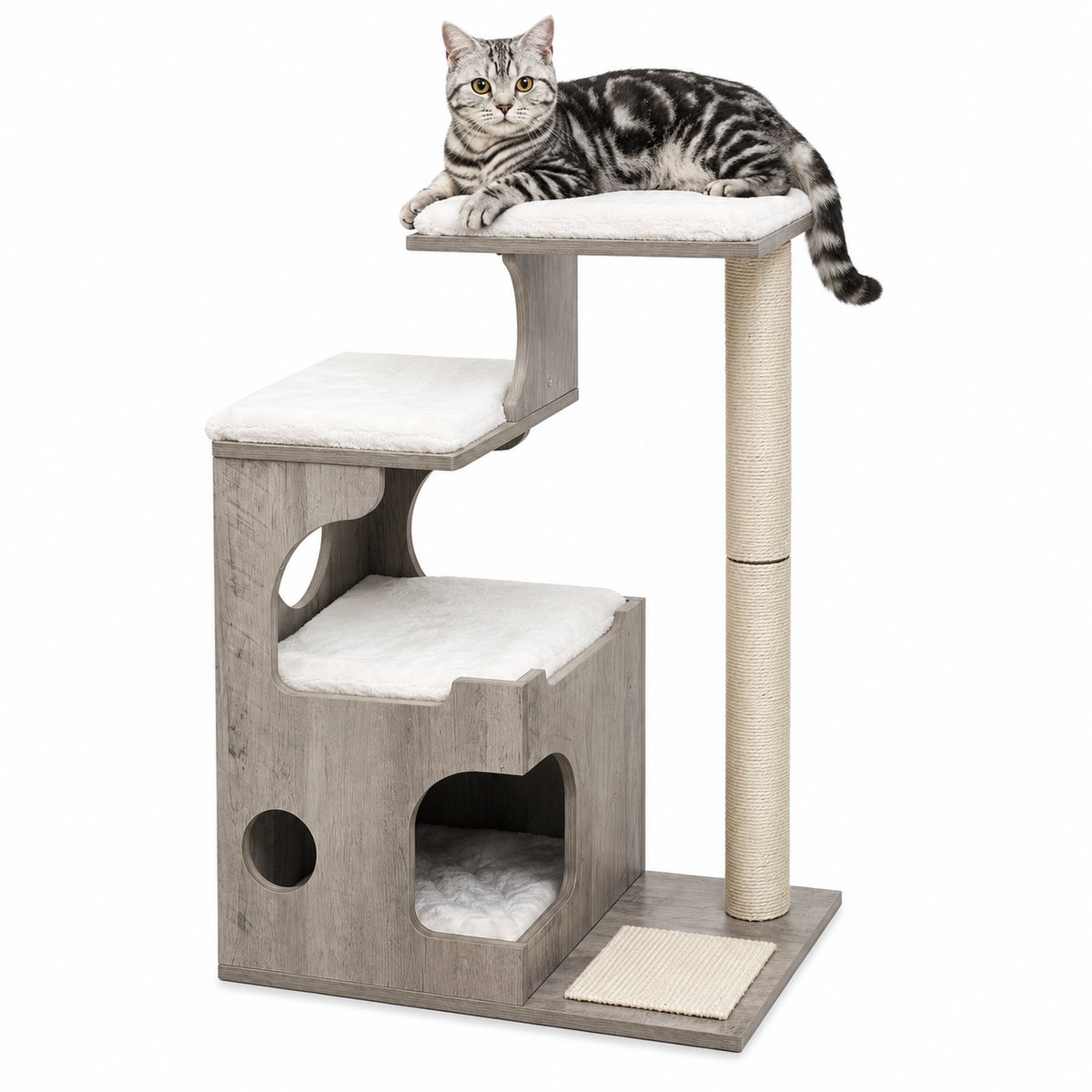 NordPaw® Design Krabpaal Kat – Luxe Kattenboom met Kattenhuis, Krabstam van Sisal, Wasbare Kussens en Ligplatforms – 86 cm – Grijs/Wit
