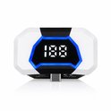 Zwarte en witte powerbank met blauwe LED-rand en digitaal display '188'. USB-C poort zichtbaar. 'MADE IN CHINA'.