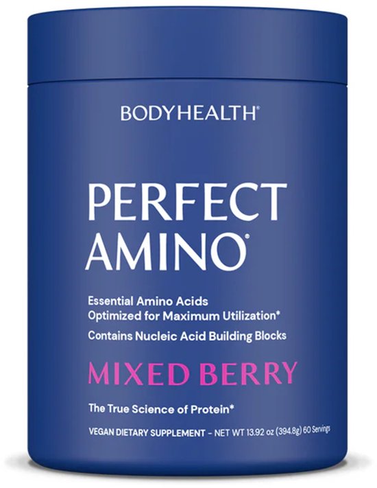 Donkerblauwe container met BODYHEALTH PERFECT AMINO MIXED BERRY tekst. Veganistisch voedingssupplement.