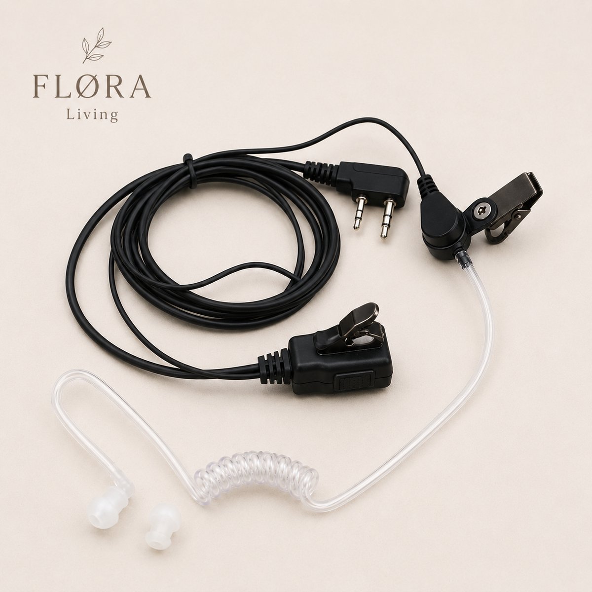 FLØRA Living Security Oortje met Microfoon - Portofoon Headset voor Kenwood & Baofeng - 2-Pins Aansluiting - PTT - Zwart