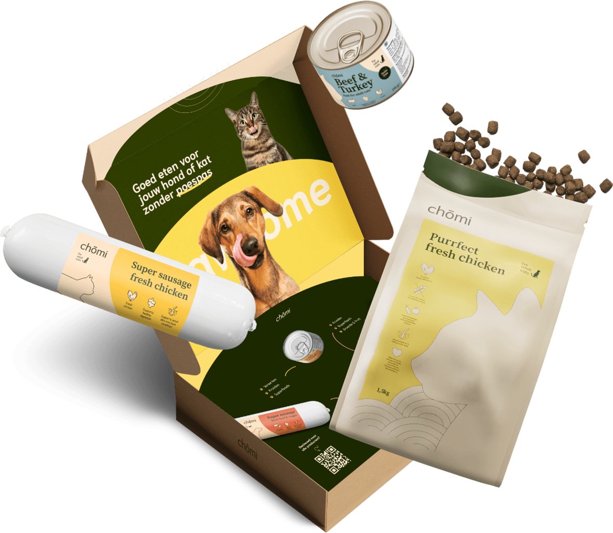 Chomi Pets - Kipbox Kat - 1.5 kilo verse kip brokjes - rund en lam paté 195 gram - rund en vis paté 195 gram