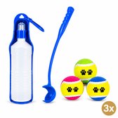 Honden Waterfles met Ballenwerper en 3 Tennisballen – Assorti Kleuren – 500 ml – Set