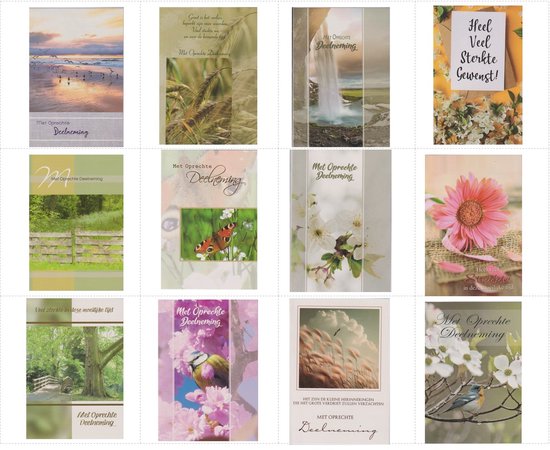Collage van 12 wenskaarten met diverse afbeeldingen zoals zonsondergang, bloemen, vogels, natuur en tekst. 