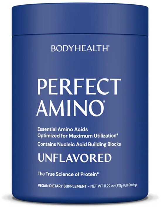 BodyHealth Perfect Amino Unflavored pot, veganistisch voedingssupplement met essentiële aminozuren.