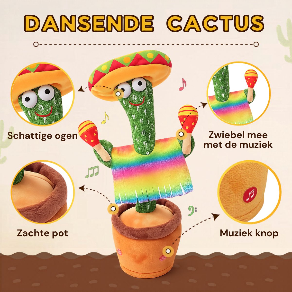 Bailanta® Dansende Cactus - Pratende Cactus - Kinder Speelgoed - Interactieve Knuffel - Nederlandse Handleiding - Pratende Knuffel – Cactus Speelgoed – USB Opladen – Geeft Licht – Met Mexicaanse Outfit – 120 Liedjes - Zingende Cactus - Perfect Cadeau — afbeelding 3