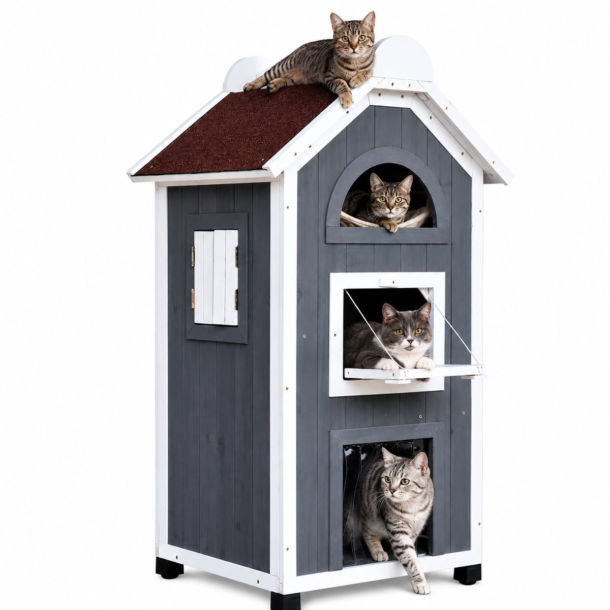 NordPaw® Kattenhuis Buiten – Weerbestendig Houten Kattenverblijf met 2 Verdiepingen, Hangmat, Balkon en Trap – 59 x 55 x 109 cm – Grijs/Wit